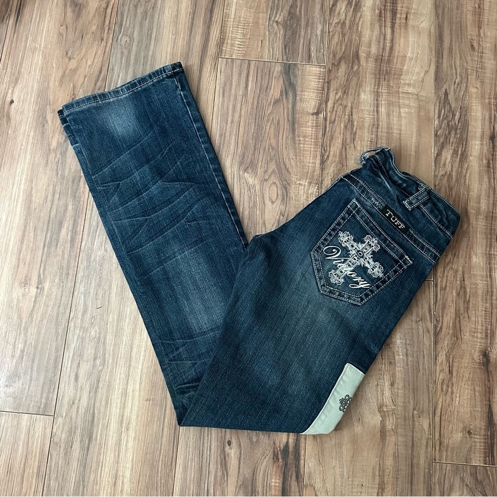 Worn once Cowgirl Tuff Victory Boot Cut Jeans with Cross Cream Embroidery 26x35